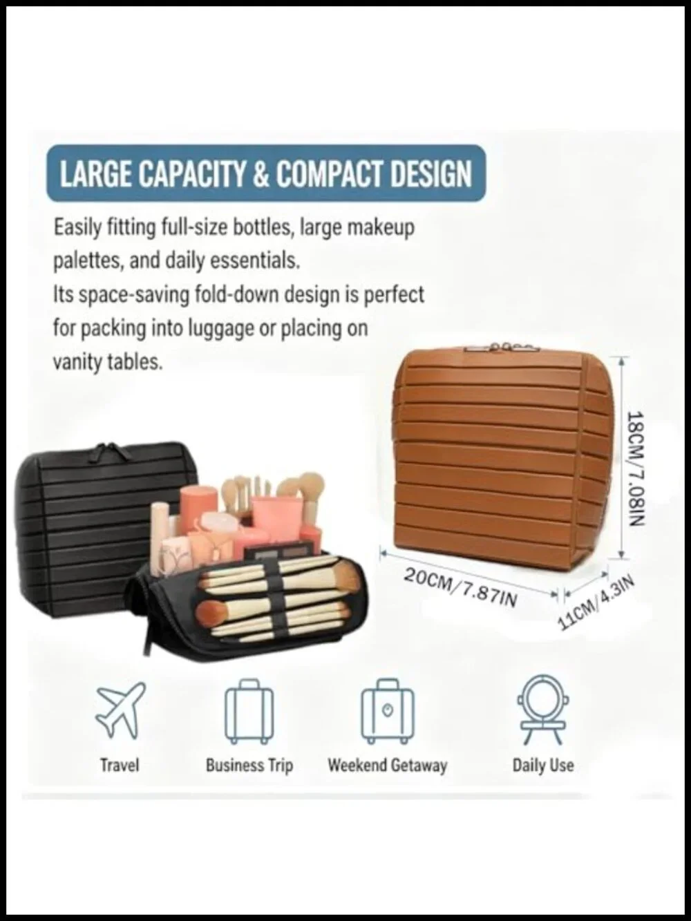 Travel Makeup Organizer Bag with Fold-Down Design and Adjustable Dividers, 27